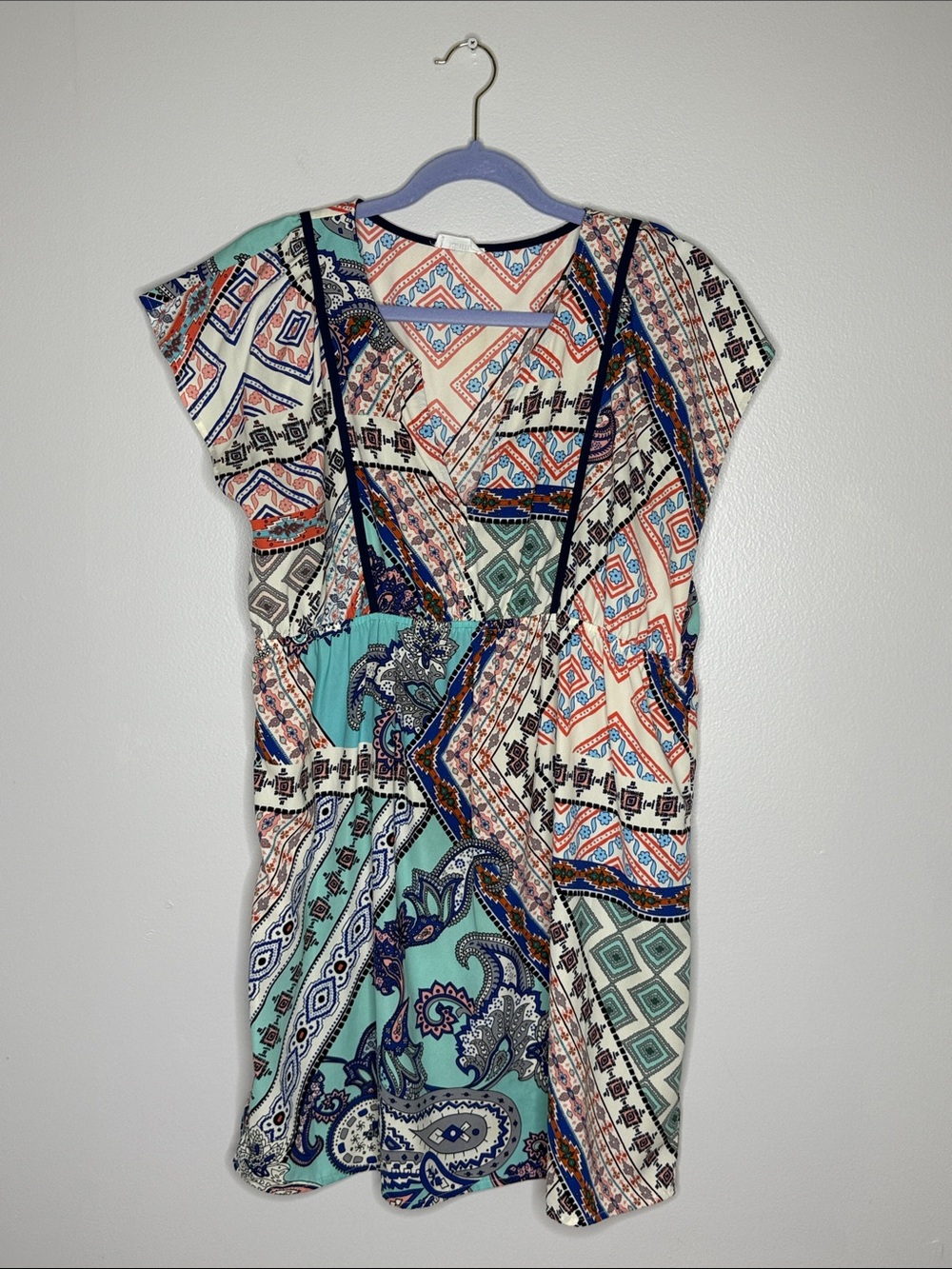 Glam Blue and Coral Patterned Sleeveless Dress Size Medium
